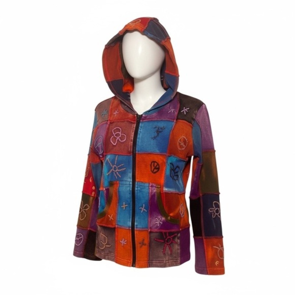 Boho‎ Patchwork Zip Up Hoodie Multicolored Symbols Flowers Peace Signs Women M